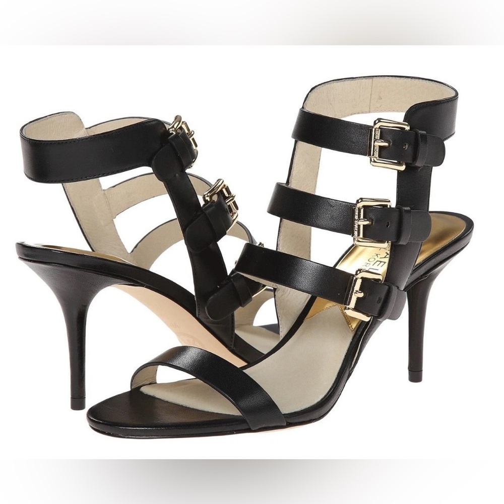Michael Kors Beverly Black Sandal size 7.5 Black Strappy Heels Gold Accents